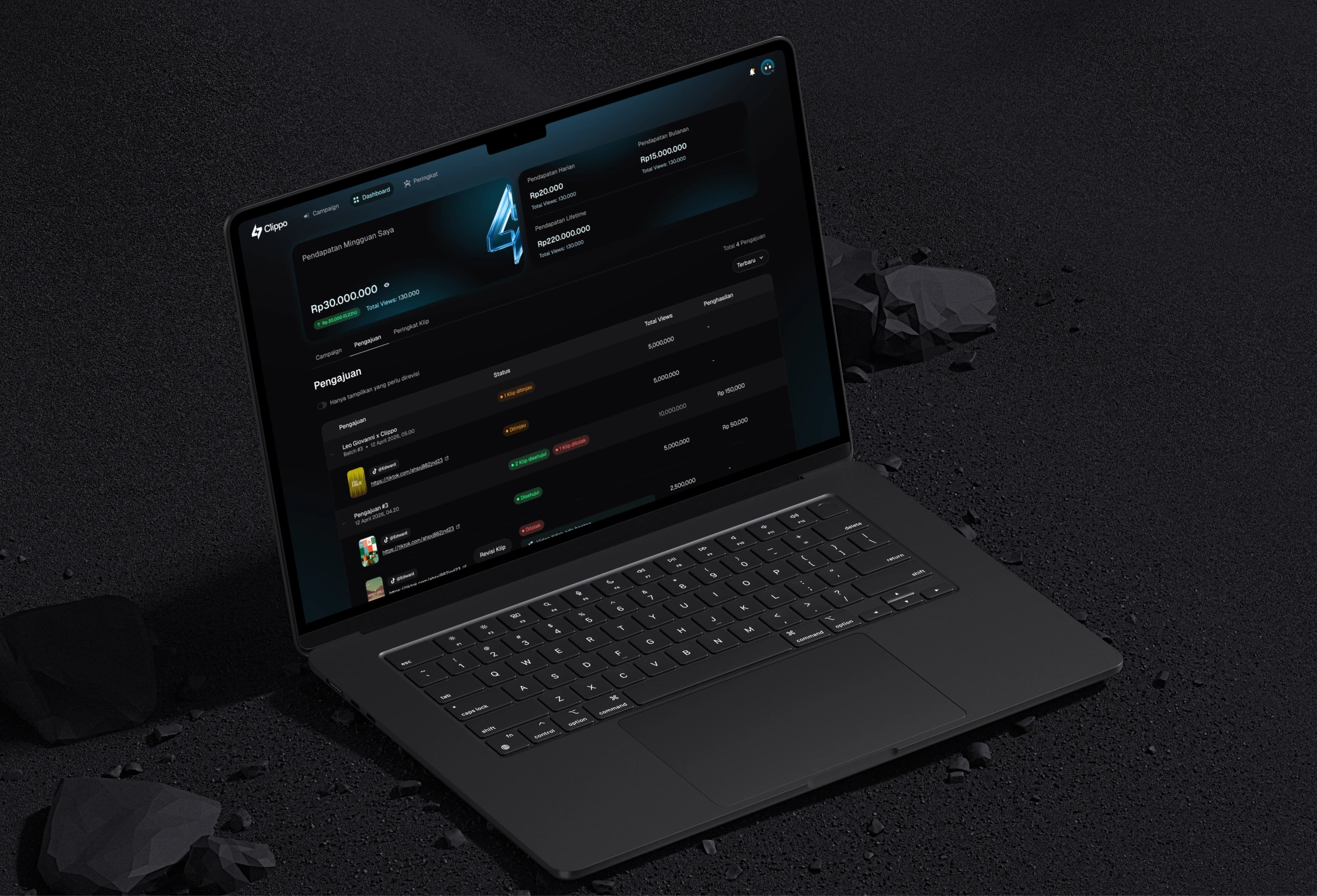 The Clippo creator earnings dashboard