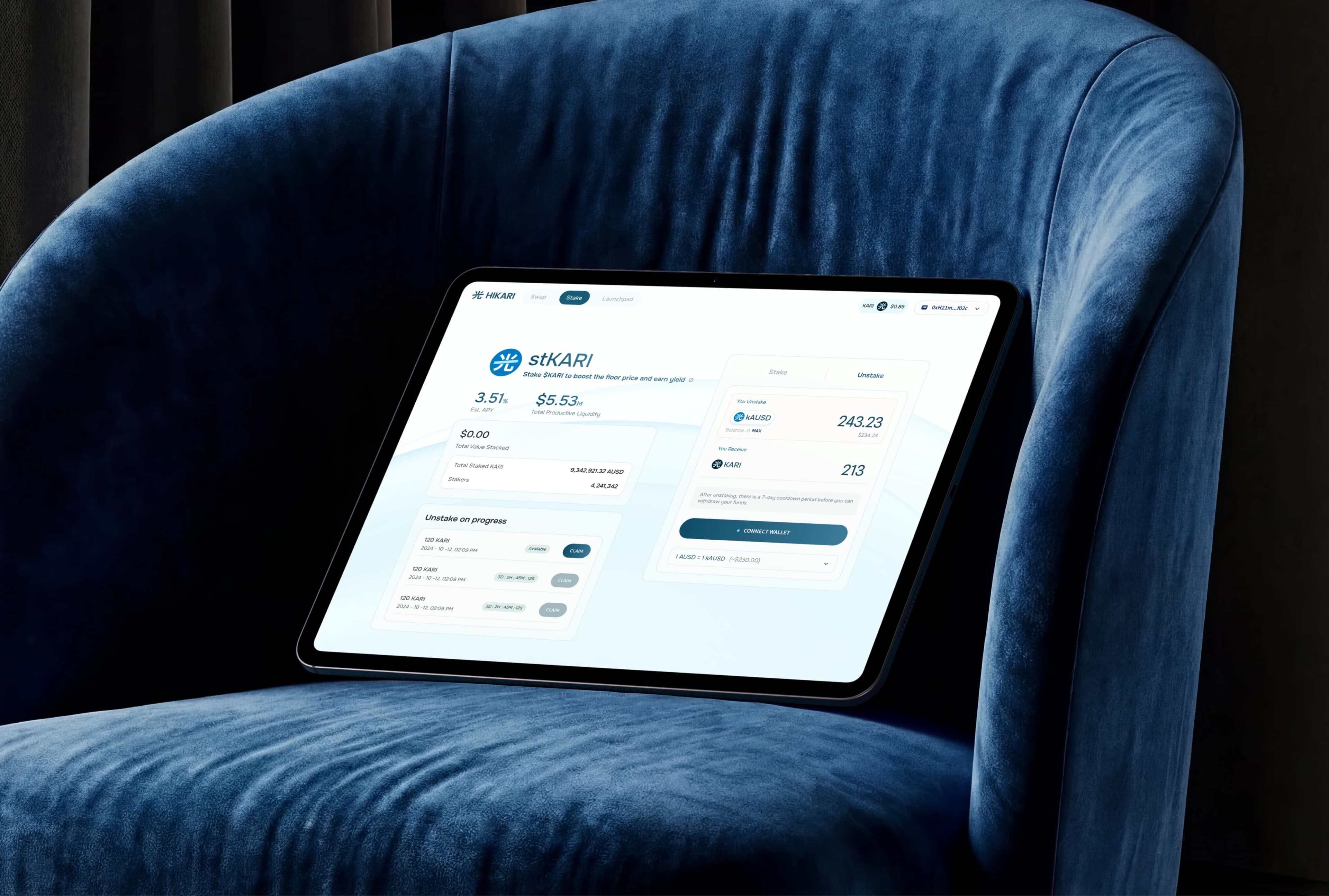 The Hikari Finance launchpad on a tablet
