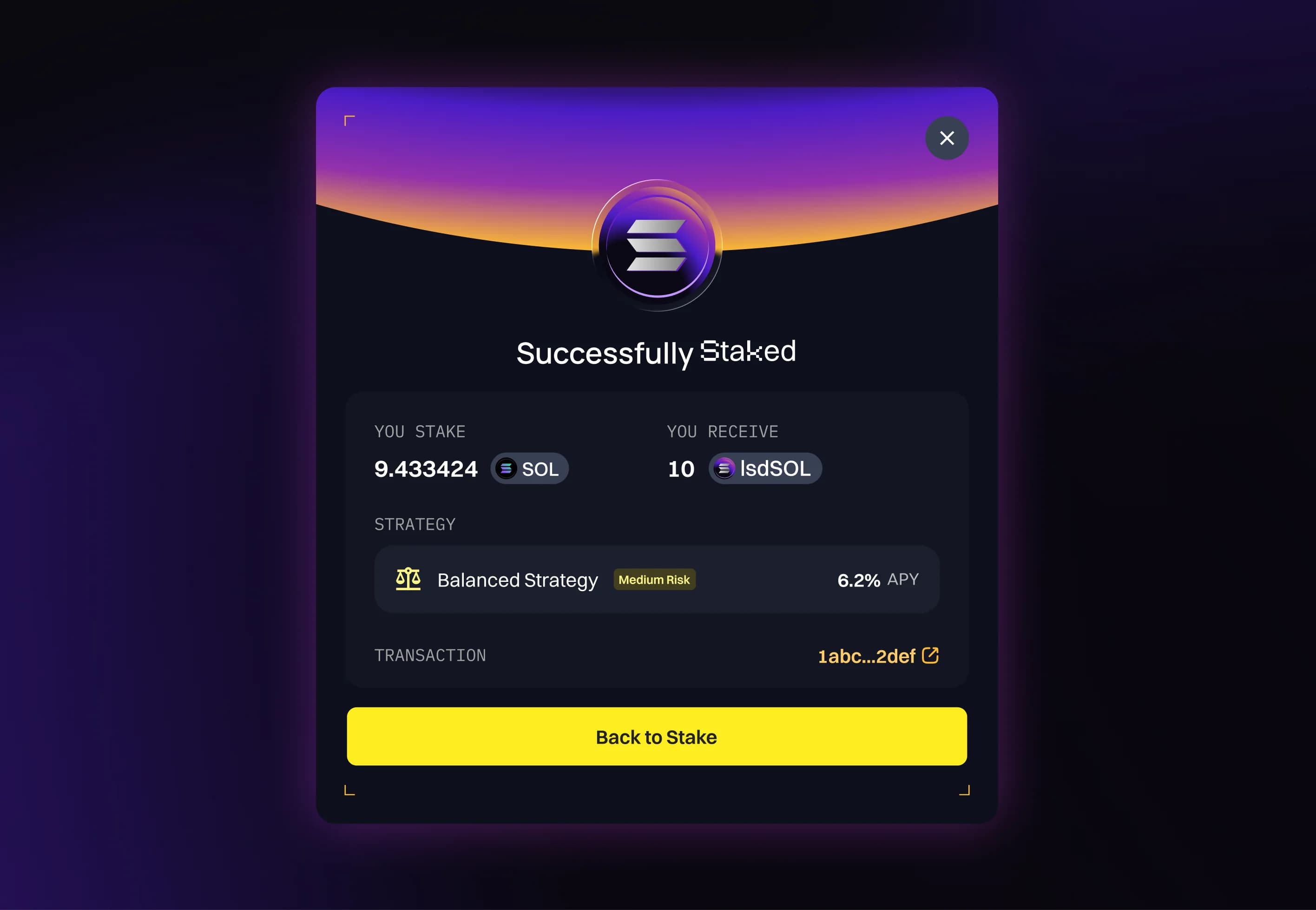 The LSD staking confirmation dialog