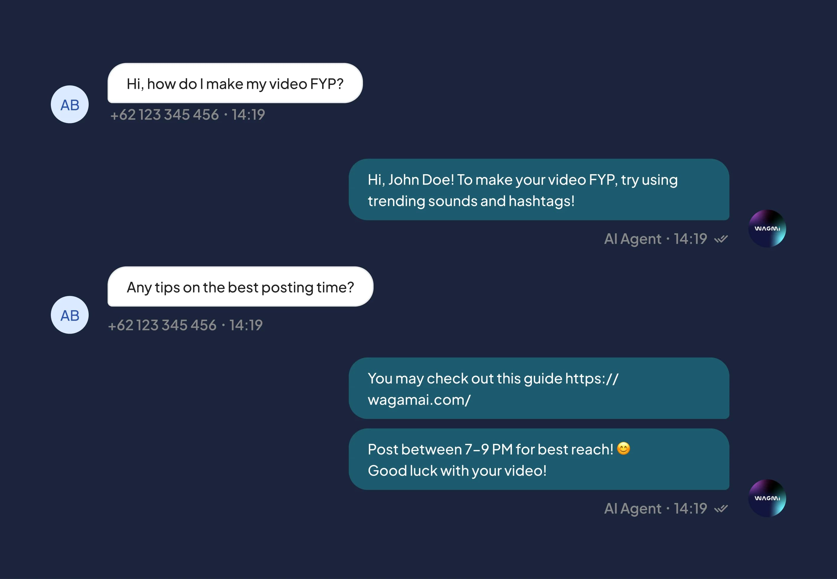 A Wagmi AI support conversation